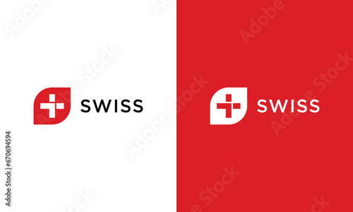 Abstract Swiss flag ribbon logo white and red background. Red cross icon. Swiss flag vector icon.