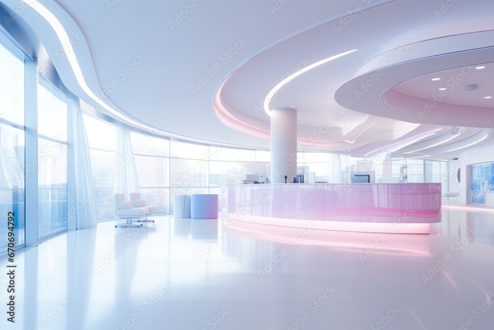 Nice modern interior of new luxury hospital, bright colors.  Generative Ai.