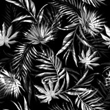 Watercolor leaves pattern, black and white foliages, black background, seamless