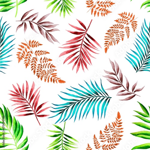 Watercolor leaves pattern, colorful foliage, white background, seamless
