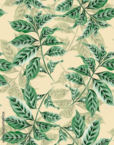 Watercolor leaves pattern, green foliage, yellow background, seamless