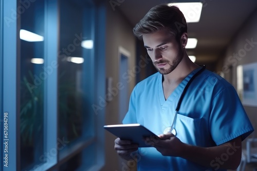 Portrait of handsome men doctor working in modern hospital, banner panorama. Generative Ai.