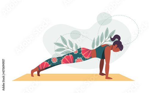 Yoga posture. Girl practising yoga. healthy Lifestyle. Colorful flat vector illustration isolated on a white background. Floral ornaments background.