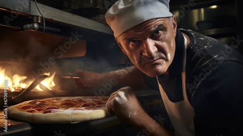 a pizzaiolo’s, his concentration and passion evident as he meticulously adds toppings to a pizza  photo