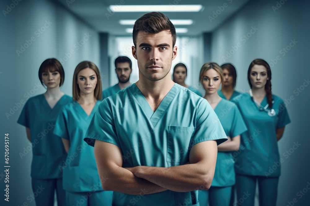 Portrait of handsome men doctor working in modern hospital, banner panorama. Generative Ai. Portrait of handsome men doctor working in modern hospital, banner panorama. Generative Ai.