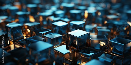 Abstract background with metal texture of blue cubes, bright neon lights, futuristic, sharp focus