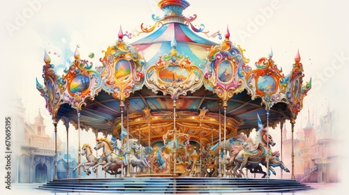Vintage Carousel in Pastel Watercolor Ornate Festival Ride with Majestic Horses and Charming Carriages against a Dreamy Sky - Whimsical Amusement Park Attraction