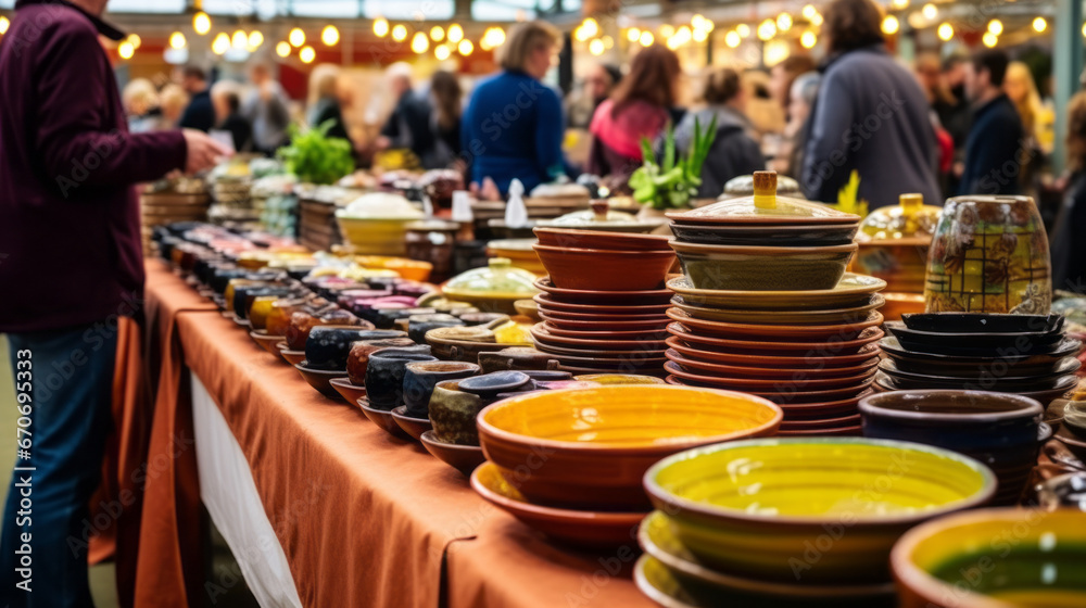 Assorted pottery pieces artfully displayed for sale at an art/craft show, showcasing the artist's talent