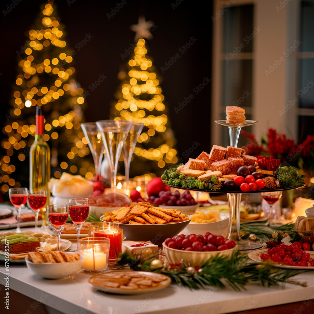Christmas dinner with table full of plates of food, glasses and desserts, with New Year's decoration and Christmas tree in the background.