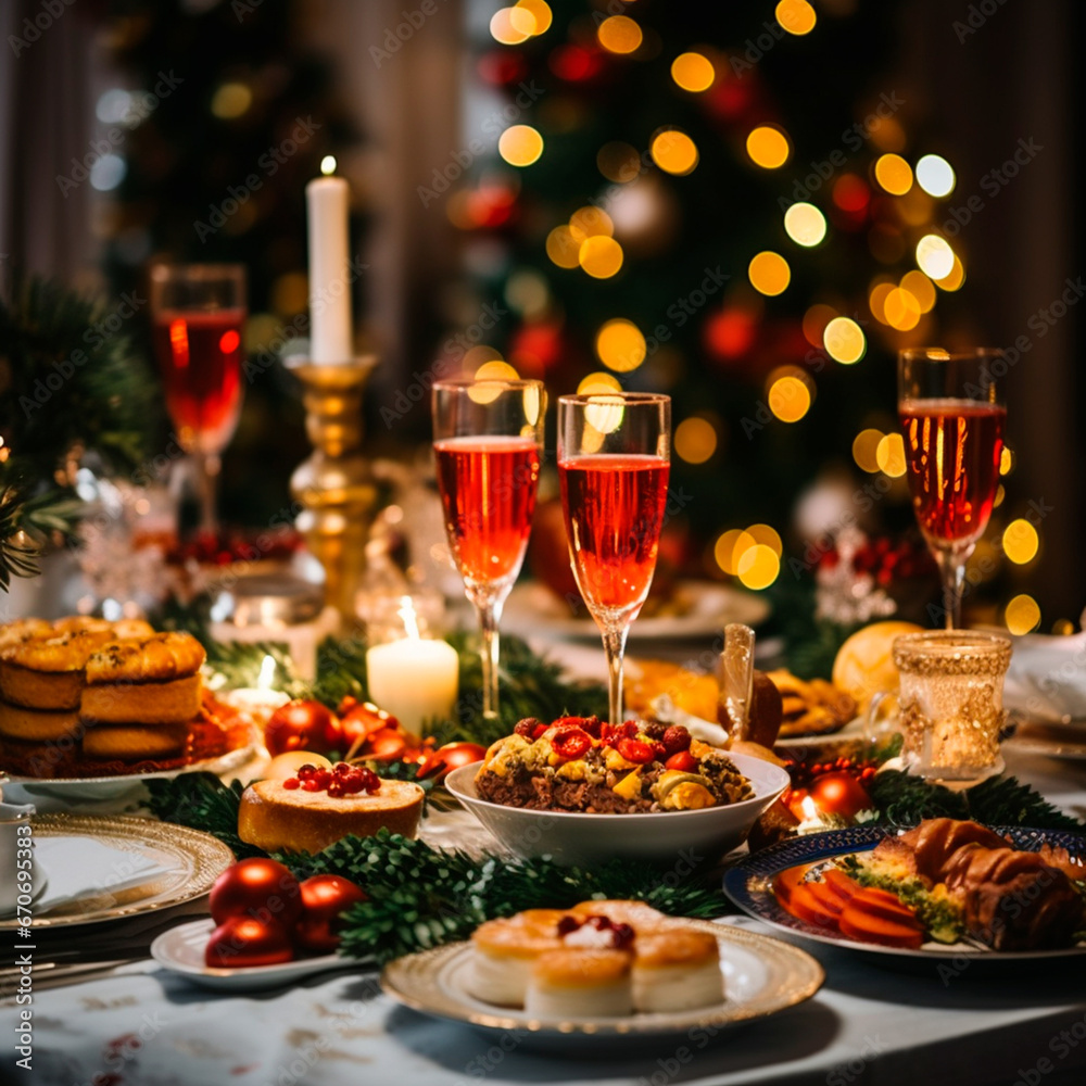 Christmas dinner with table full of plates of food, glasses of wine and desserts, with New Year's decoration and Christmas tree in the background