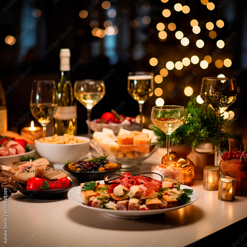 Christmas dinner with a table full of plates of food, appetizers and desserts, with New Year decorations and Christmas tree in the background