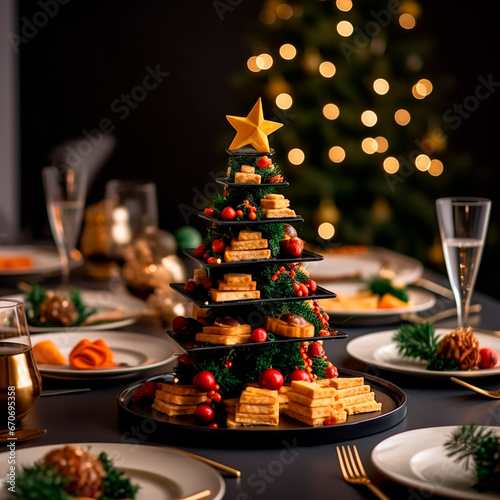 Obraz na płótnie Christmas dinner with a table full of plates of food and desserts, with New Year decorations and Christmas tree in the background. w salonie