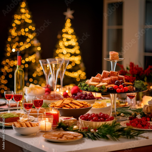 Obraz na płótnie Christmas dinner with table full of plates of food, glasses and desserts, with New Year's decoration and Christmas tree in the background. w salonie