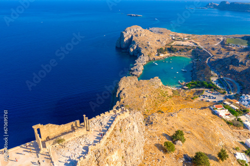 Panoramic view of St. Paul bay and acropolis of Lindos, Rhodes island, Greece