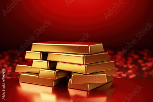 Gold bars illustration on red background, wealth and investment concept. Generative AI