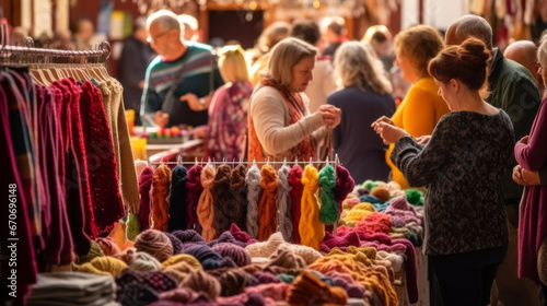 Cozy sweaters and handmade knitwear on display for sale at a local farmers market and craft show