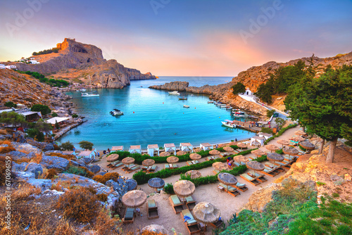 Panoramic view of St. Paul bay and acropolis of Lindos, Rhodes island, Greece photo