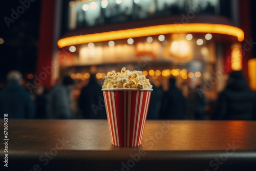 Bucket of popcorn on the table, cinema in the background, entertainment and leisure concept. Generative AI