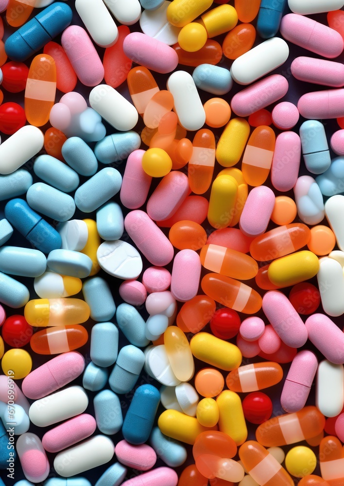 Many different pills pilled together, pain relief and addiction concept. Generative Ai