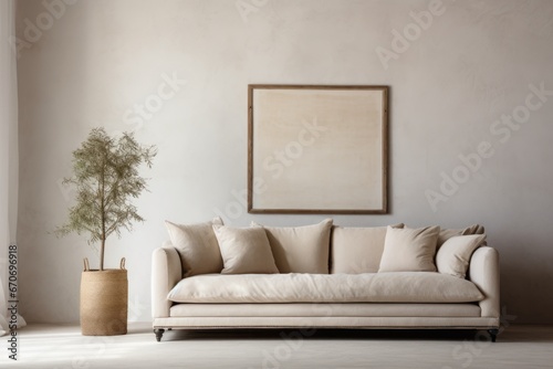 beige sofa in a room, interior mockup, living room mock-up, modern beige room mock up, empty wall mock-up, blank wall mockup, cosy sofa mockup © Anastasia YU