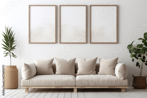 beige sofa in a room, interior mockup, living room mock-up, modern beige room mock up, empty wall mock-up, blank wall mockup, cosy sofa mockup © Anastasia YU
