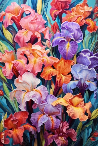 Vibrant Acrylic Painting of Colorful Iris Flowers