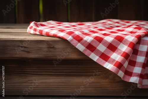 Red and white checkered table cloth on wooden table. Generative AI