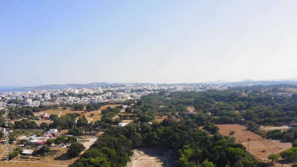 Rhodes Island, Greece, drone flight above Ancient Olympic Stadium, Acropolis of Rhodes Rhodes Island, Greece, drone flight above Ancient Olympic Stadium, Acropolis of Rhodes