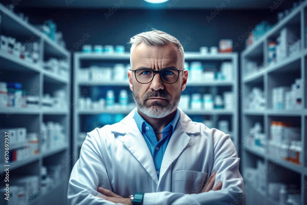 Proffesional handsome and pretty pharmacist portrait at pharmacy work with pills. Generative Ai. Proffesional handsome and pretty pharmacist portrait at pharmacy work with pills. Generative Ai.