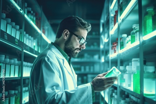 Proffesional handsome and pretty pharmacist portrait at pharmacy work with pills. Generative Ai.