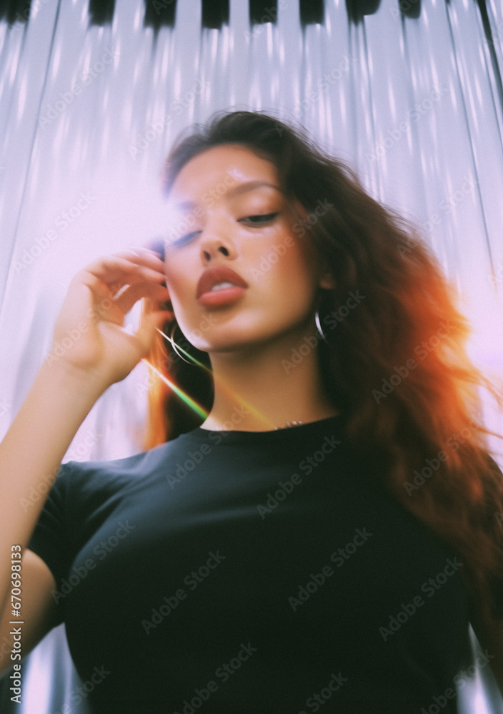 Naklejka premium Colorful Polaroid Photo of a Beautiful Model with Colorful Lens Artifacts