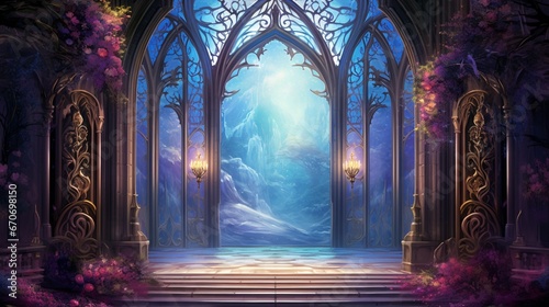 Enchanted Gothic Castle Archway with Mystical Glowing Forest - Fantasy Landscape Digital Art for Epic Tale Backdrops and Magical Conceptual Designs - Ideal for Book Covers