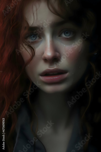 Beautiful portrait of a sad redhead woman. High quality