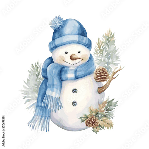Funny snowman Christmas decor watercolor for new year greeting card on white background