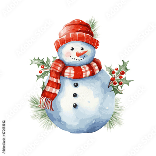 Funny snowman Christmas decor watercolor for new year greeting card on white background