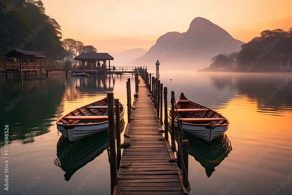 Fototapeta premium Mole (pier) on the lake. Wooden bridge in forest in spring time with blue lake. Lake for fishing with pier. Dark and Foggy lake with hills.