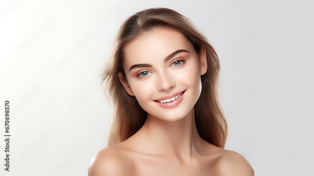 Portrait of young happy woman looks in camera. Skin care beauty, skincare cosmetics, dental concept isolated over white background Portrait of young happy woman looks in camera. Skin care beauty, skincare cosmetics, dental concept isolated over white background