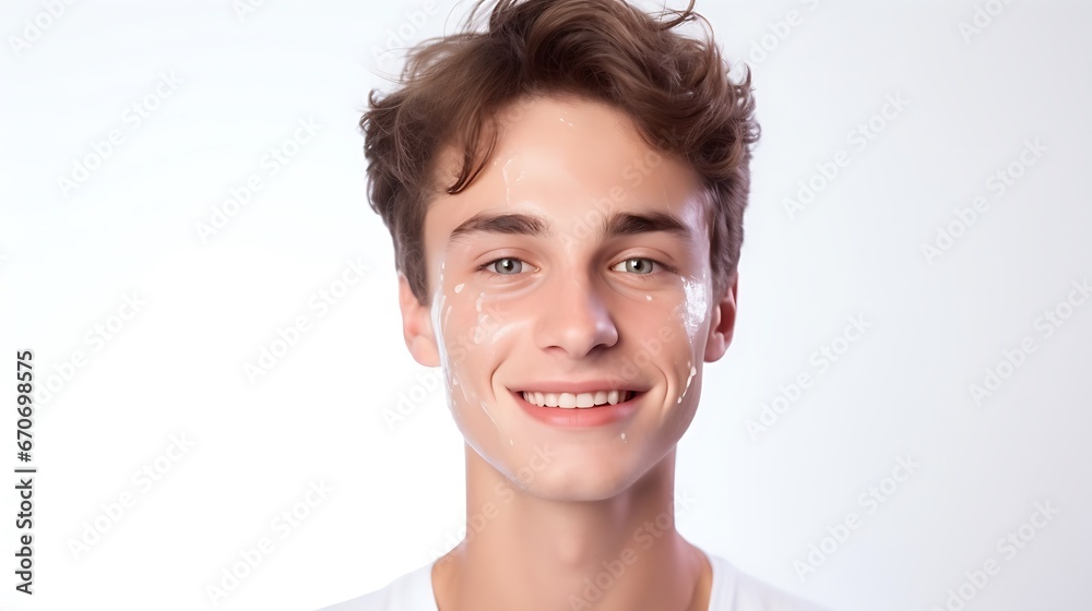 Portrait of young happy man looks in camera. Skin care beauty, skincare cosmetics, dental concept isolated over white background