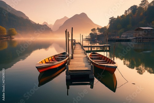 Mole (pier) on the lake. Wooden bridge in forest in spring time with blue lake. Lake for fishing with pier. Dark and Foggy lake with hills.
