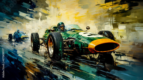 Car Racing Graphic in Oil and Acrylic on Canvas Illustration Wallpaper Cover Background Poster Digital Art  © Korea Saii