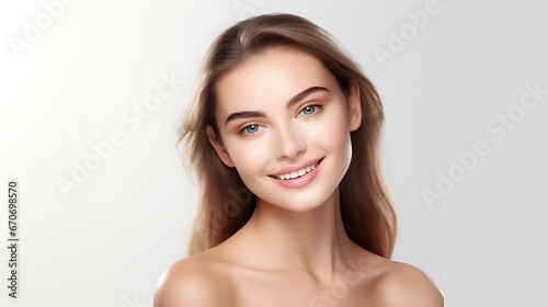 Portrait of young happy woman looks in camera. Skin care beauty, skincare cosmetics, dental concept isolated over white background 