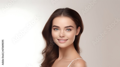 Portrait of young happy woman looks in camera. Skin care beauty  skincare cosmetics  dental concept isolated over white background 