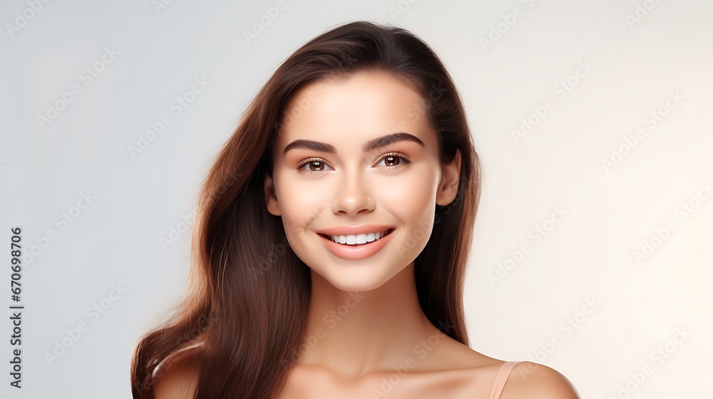 Portrait of young happy woman looks in camera. Skin care beauty, skincare cosmetics, dental concept isolated over white background Portrait of young happy woman looks in camera. Skin care beauty, skincare cosmetics, dental concept isolated over white background