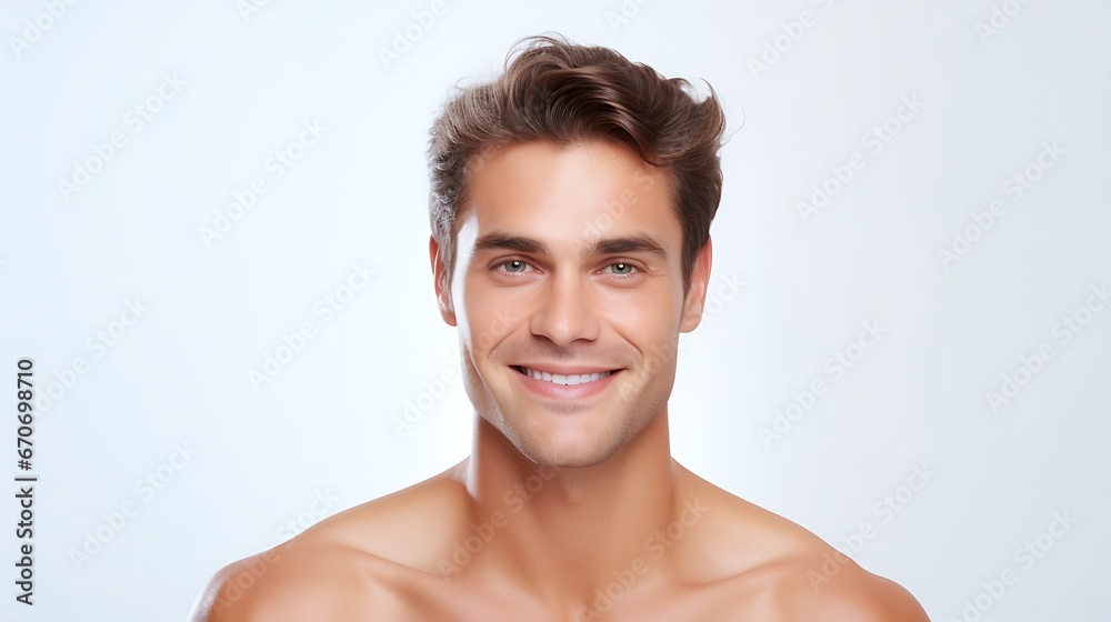 Portrait of young happy man looks in camera. Skin care beauty, skincare cosmetics, dental concept isolated over white background Portrait of young happy man looks in camera. Skin care beauty, skincare cosmetics, dental concept isolated over white background
