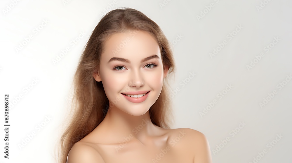 Portrait of young happy woman looks in camera. Skin care beauty, skincare cosmetics, dental concept isolated over white background Portrait of young happy woman looks in camera. Skin care beauty, skincare cosmetics, dental concept isolated over white background