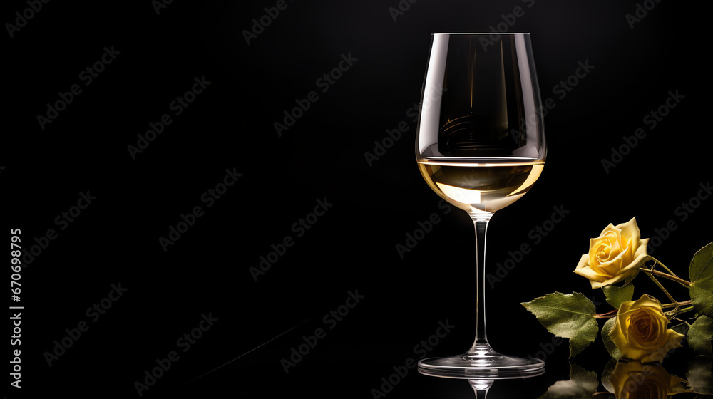 A glass of white wine with roses