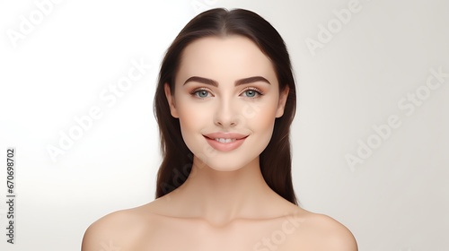 Portrait of young happy woman looks in camera. Skin care beauty, skincare cosmetics, dental concept isolated over white background 