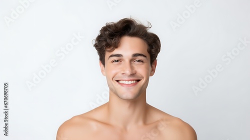 Portrait of young happy man looks in camera. Skin care beauty, skincare cosmetics, dental concept isolated over white background