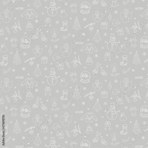 Seamless pattern of Christmas design elements. Vector illustration, Set of hand drawn doodles, icon set in sketch style.