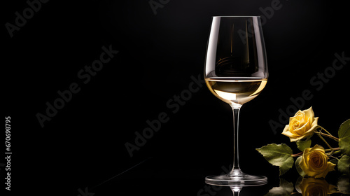 A glass of white wine with roses